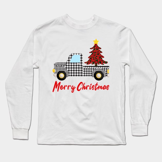 Merry Christmas Funny Buffalo Plaid Truck Long Sleeve T-Shirt by DragonTees